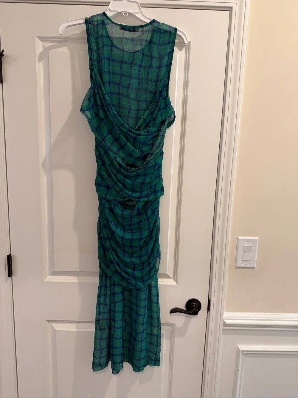 Simon Miller Kinny Ruched Plaid Mesh Midi Dress Anthropologie Green Blue- Size L - Picture 10 of 13